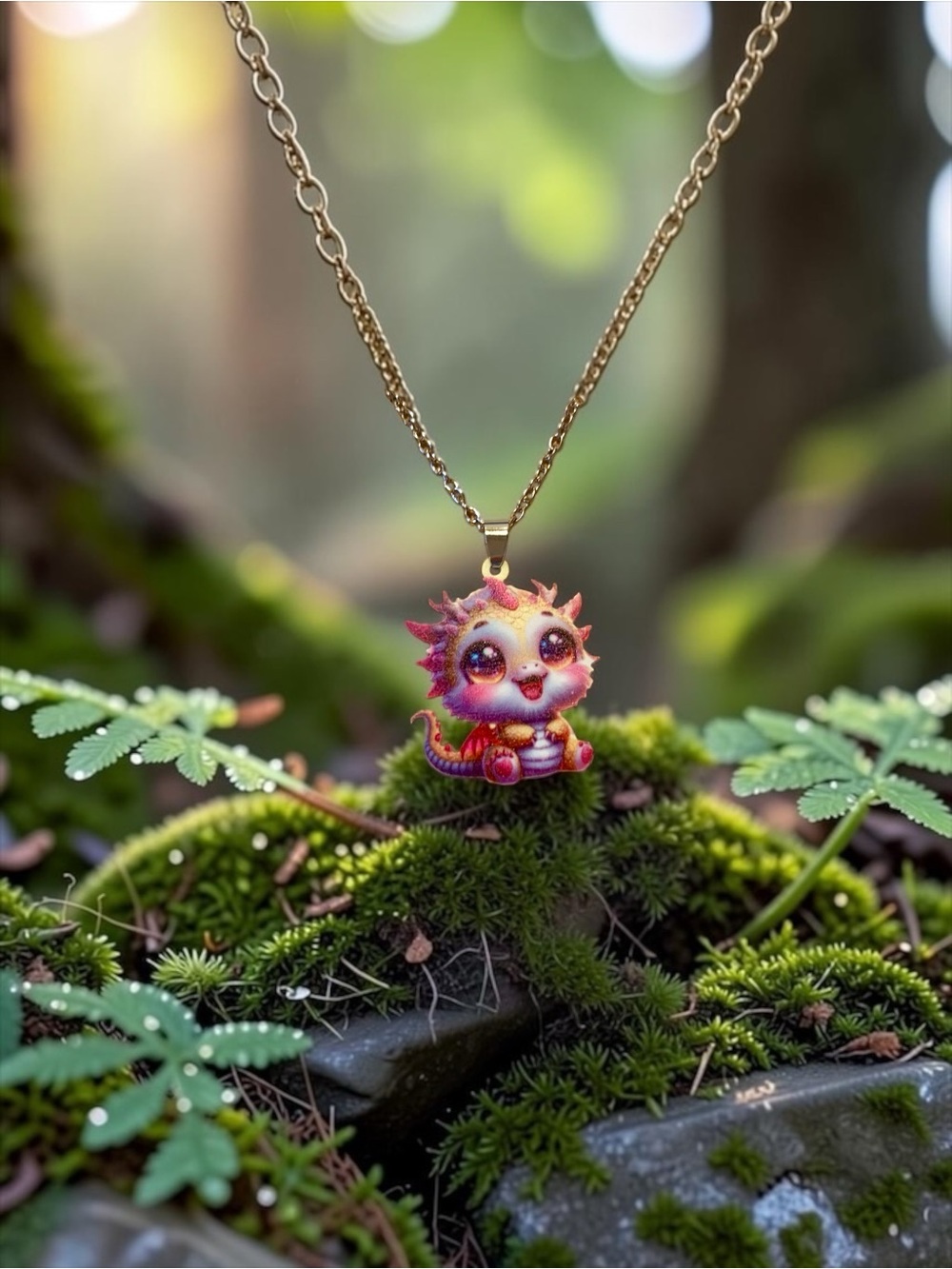 Kids Cute Dragon Necklace - Pink & Gold Pendant Silver chain - Picture 2 of 2